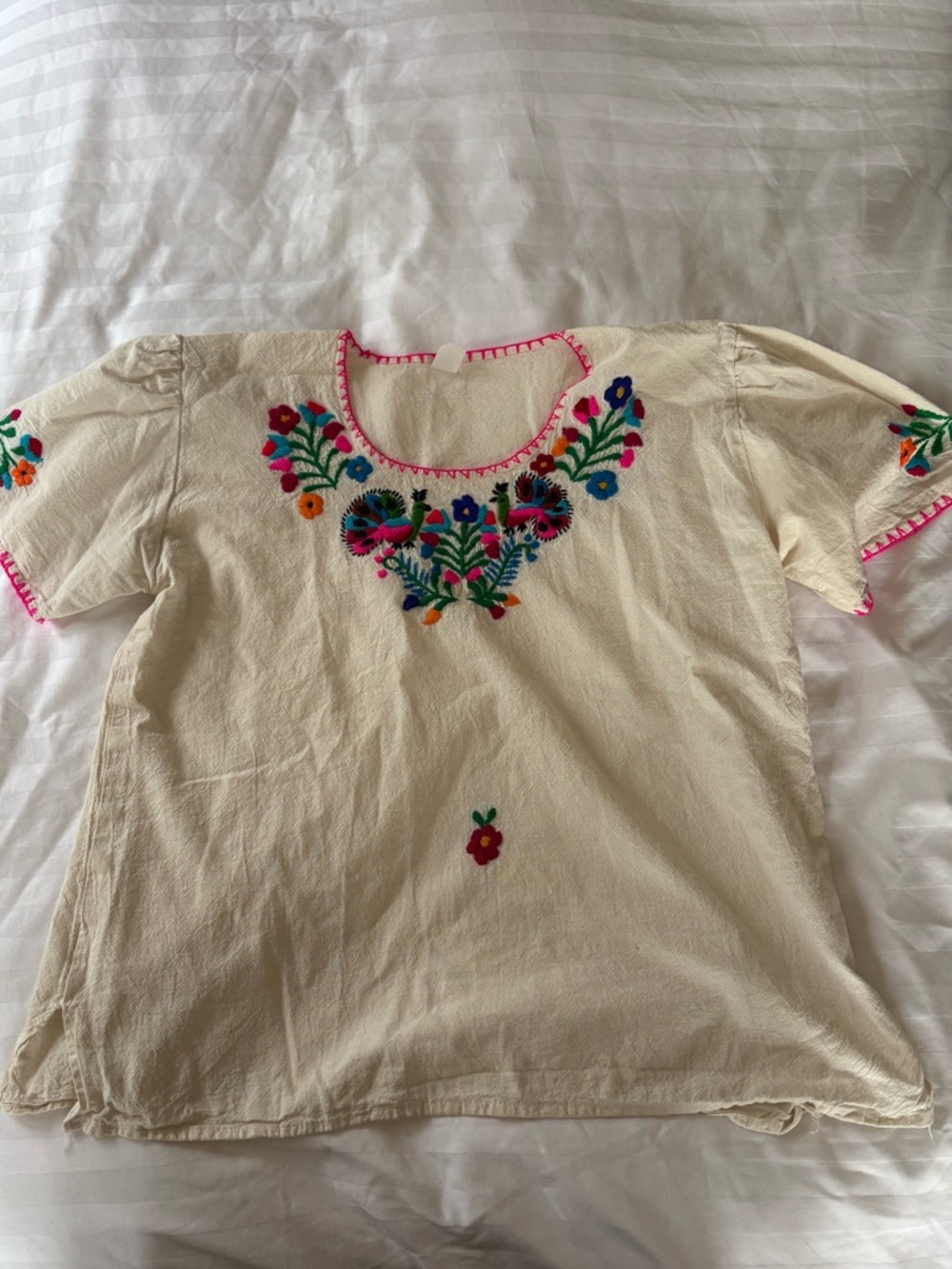 Cream Embroidered Mexican Peasant shirt with Multicolor Detail